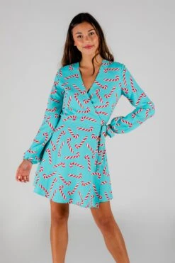 The Peppermint Pimp Canes | Candy Cane Print Christmas Wrap Dress -Clothing Store 08 04 20 XmasFormal 1725 Edit
