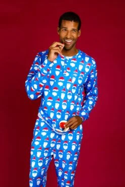 The 50 Shades Of Santa | Mens Blue Santa Faces Christmas Pajama Top -Clothing Store 08 29 Christmas GuysSuits IMG 4571 Edit