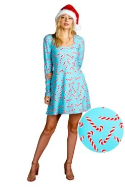 The Peppermint Pimp Canes | Candy Cane Print Christmas Skater Dress -Clothing Store PeppermintPimpWhiteCallout